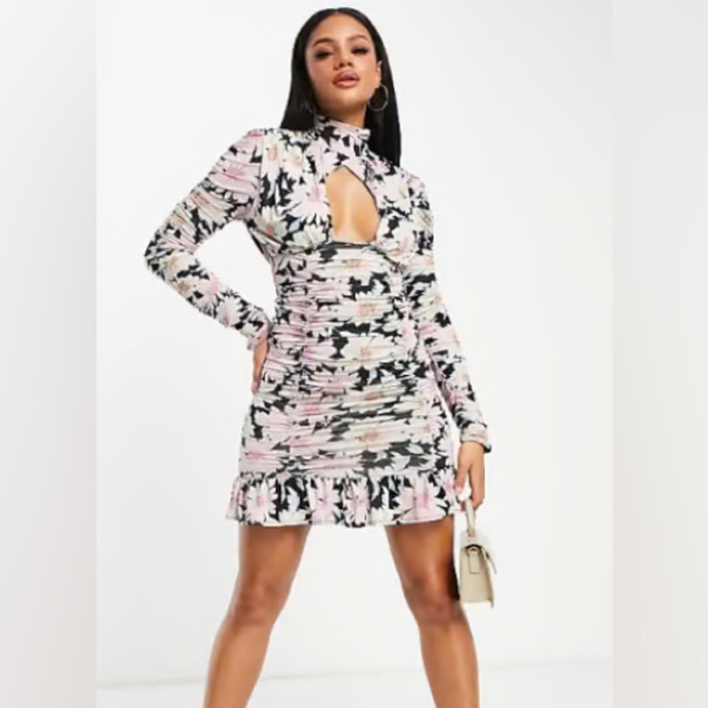 ASOS DESIGN Womens pink floral ruched front keyhole mini dress